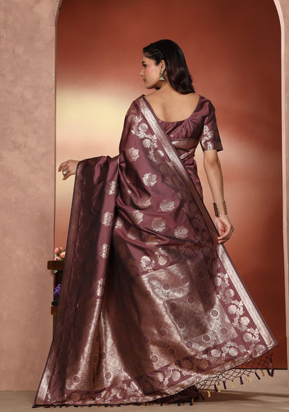 Satin Silk Saree Deep Wine Silver Woven Net