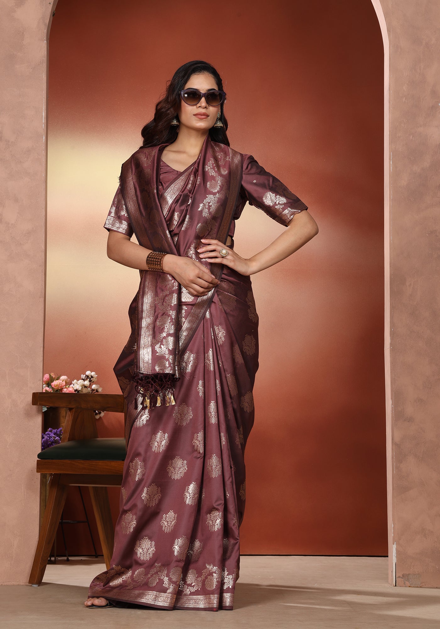 Satin Silk Saree Deep Wine Silver Woven Net