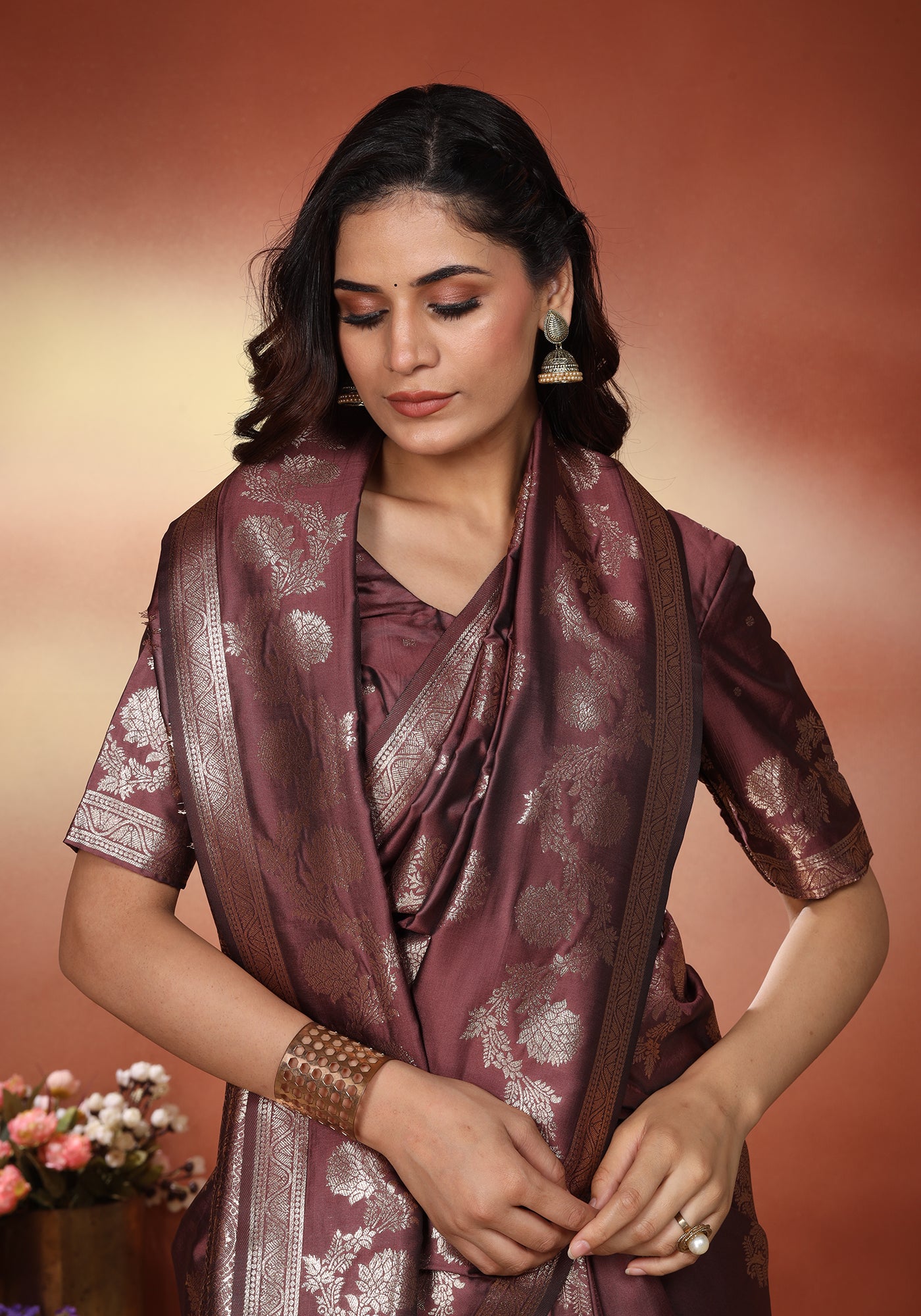 Satin Silk Saree Deep Wine Silver Woven Net