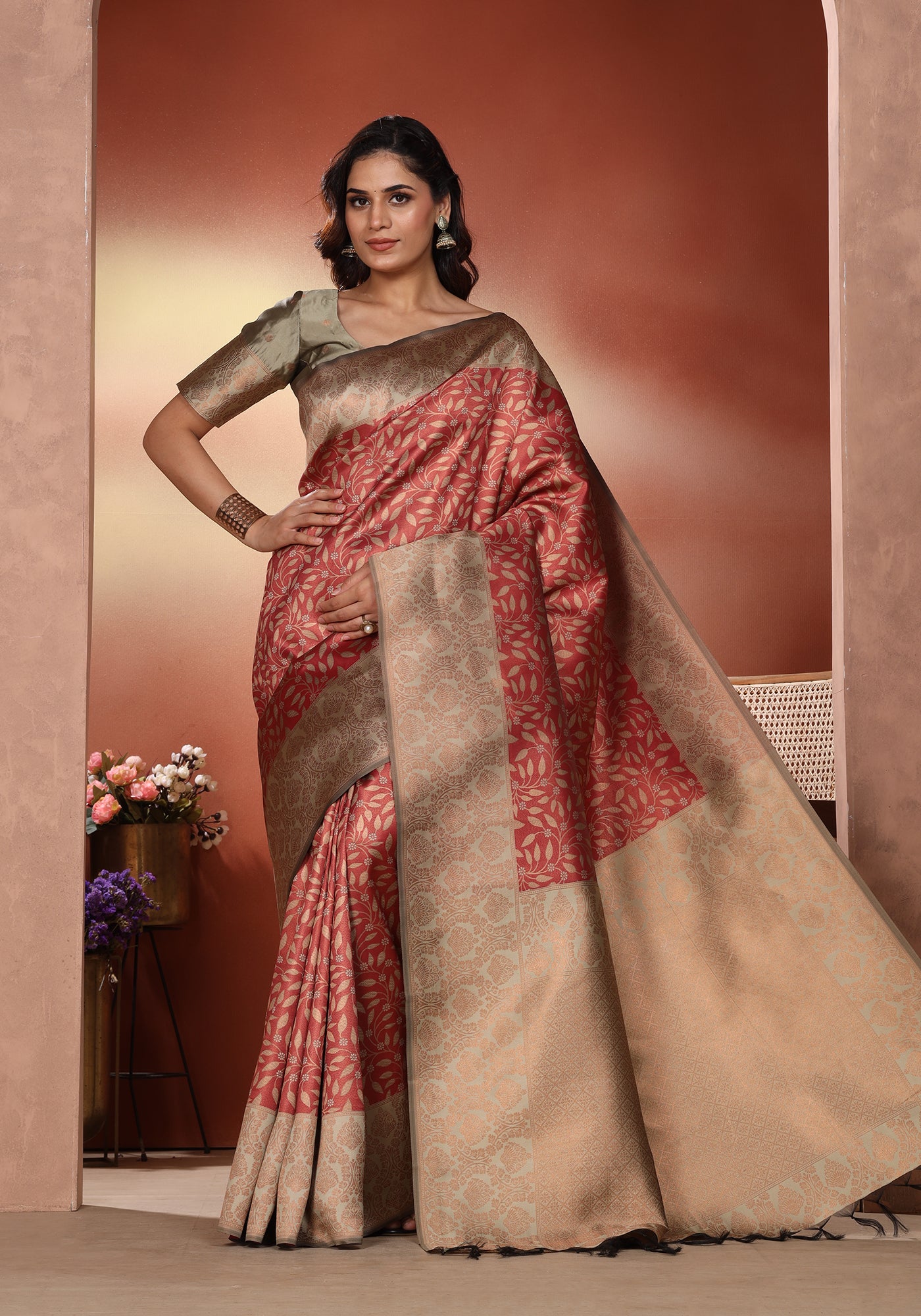 Art Silk Saree Red & Gold Traditional Floral Jaal