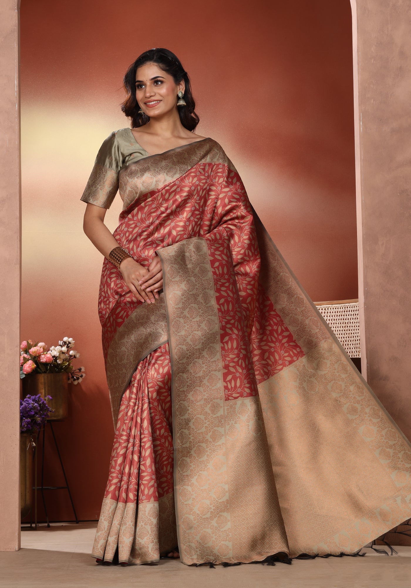 Art Silk Saree Red & Gold Traditional Floral Jaal