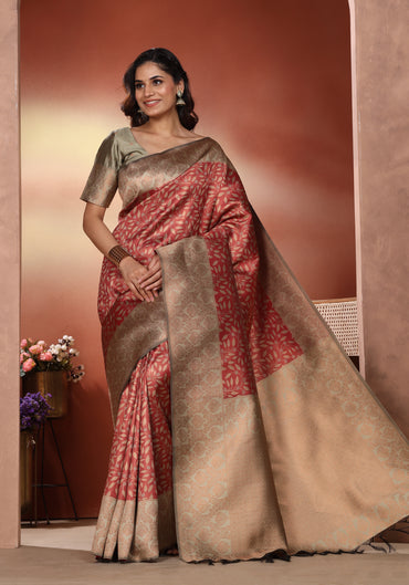 Art Silk Saree Red & Gold Traditional Floral Jaal