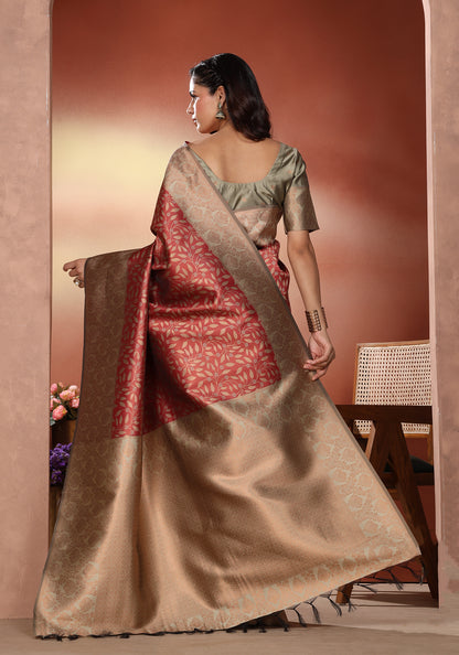 Art Silk Saree Red & Gold Traditional Floral Jaal