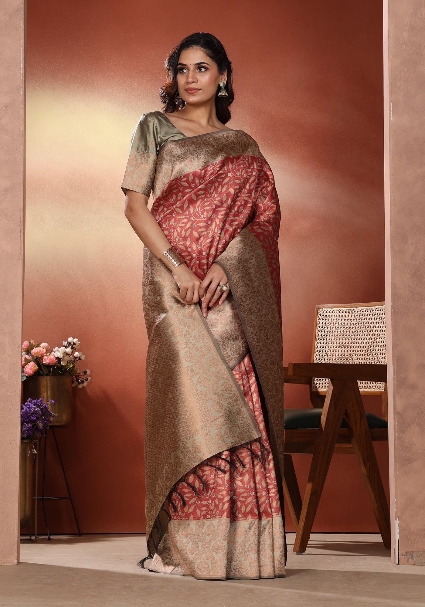 Art Silk Saree Red & Gold Traditional Floral Jaal