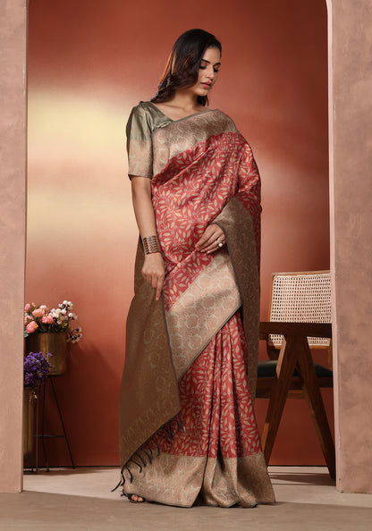 Art Silk Saree Red & Gold Traditional Floral Jaal