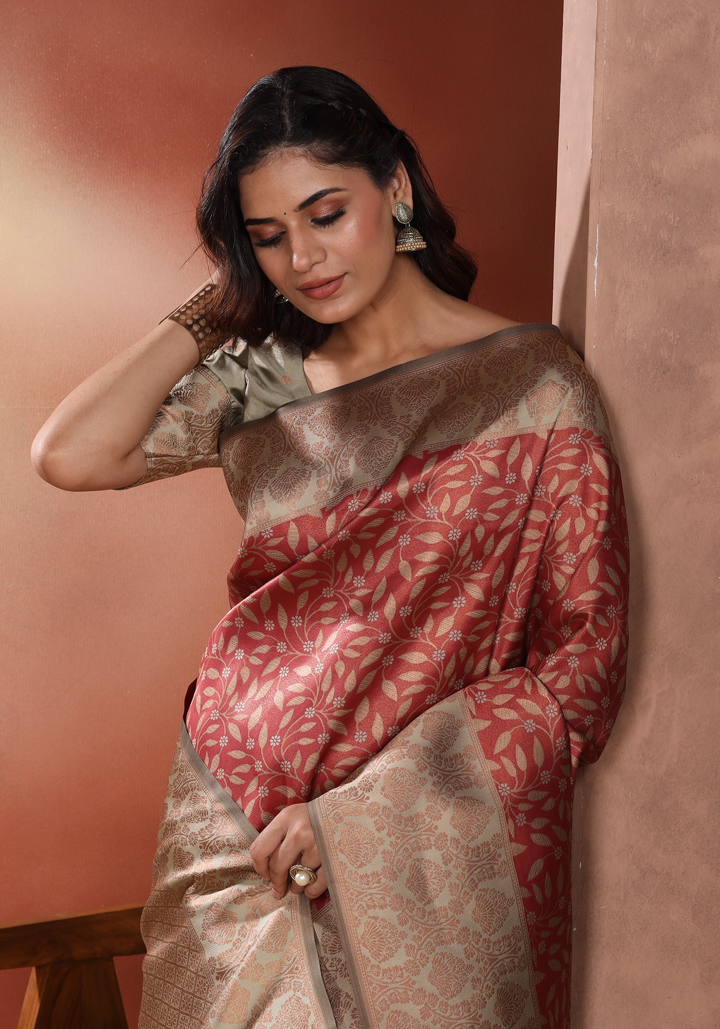 Art Silk Saree Red & Gold Traditional Floral Jaal