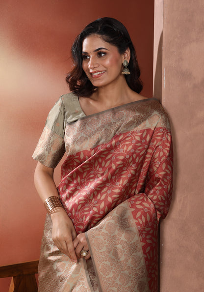 Art Silk Saree Red & Gold Traditional Floral Jaal