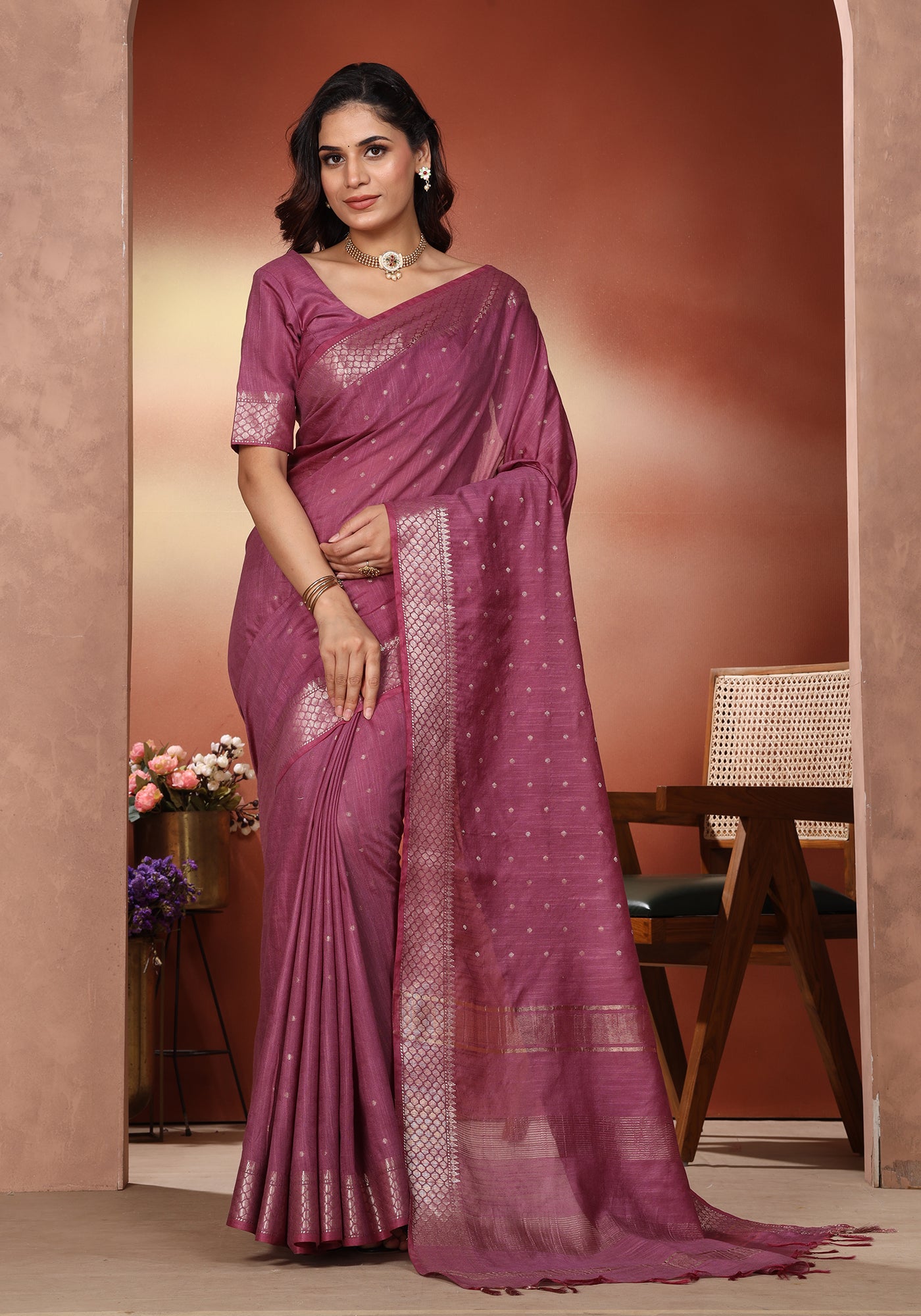 Bhagalpuri Tissue Silk Saree Magenta Purple Gold Buti