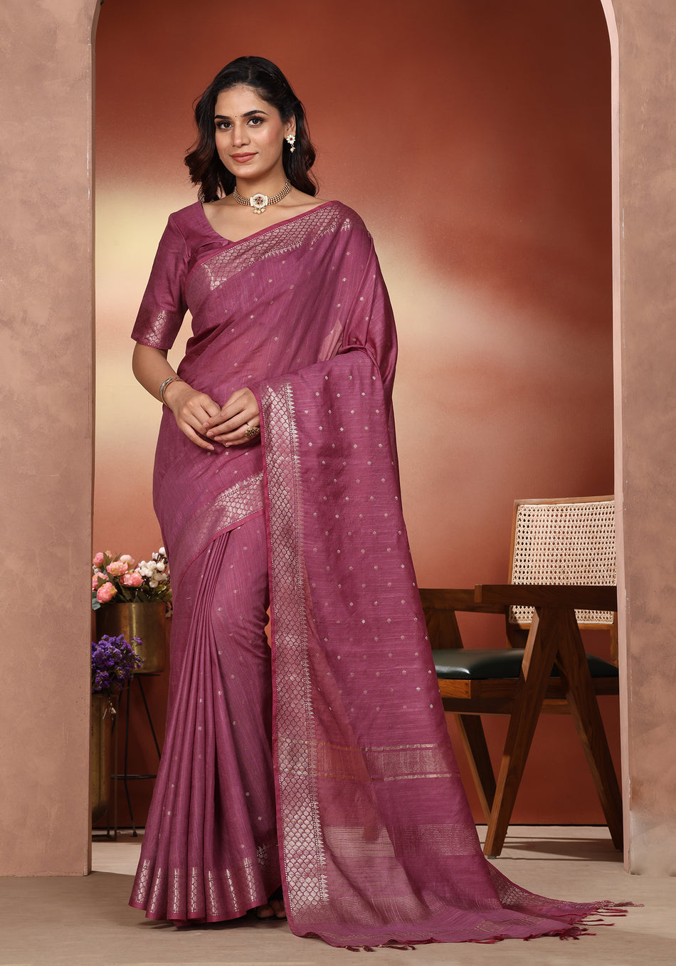 Bhagalpuri Tissue Silk Saree Magenta Purple Gold Buti