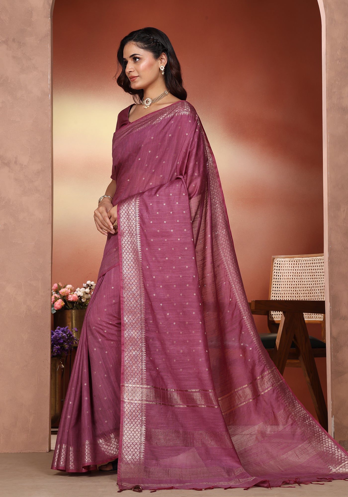 Bhagalpuri Tissue Silk Saree Magenta Purple Gold Buti