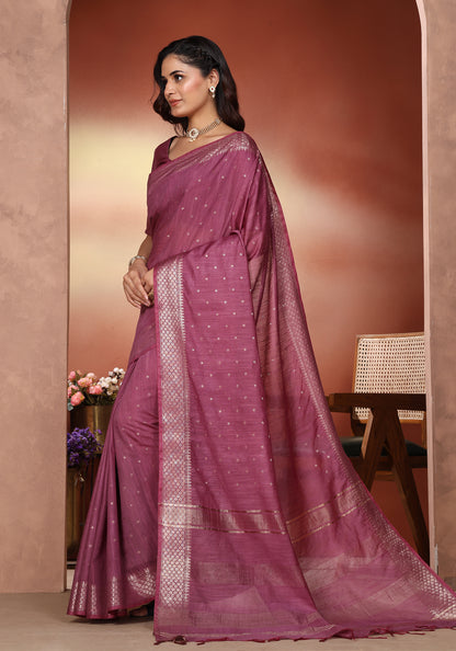 Bhagalpuri Tissue Silk Saree Magenta Purple Gold Buti