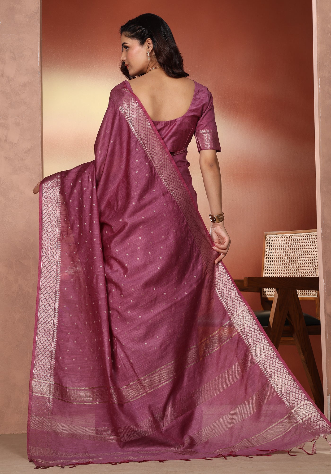 Bhagalpuri Tissue Silk Saree Magenta Purple Gold Buti