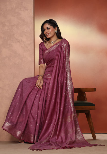 Bhagalpuri Tissue Silk Saree Magenta Purple Gold Buti