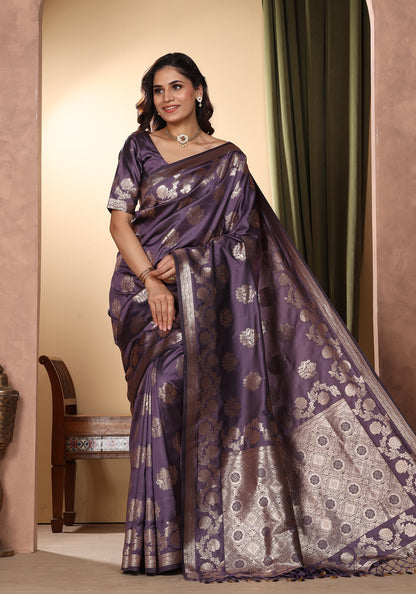 Satin Silk Saree Rich Purple Gold Woven Net