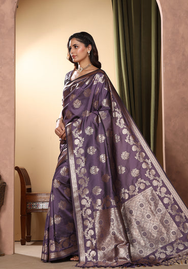 Satin Silk Saree Rich Purple Gold Woven Net