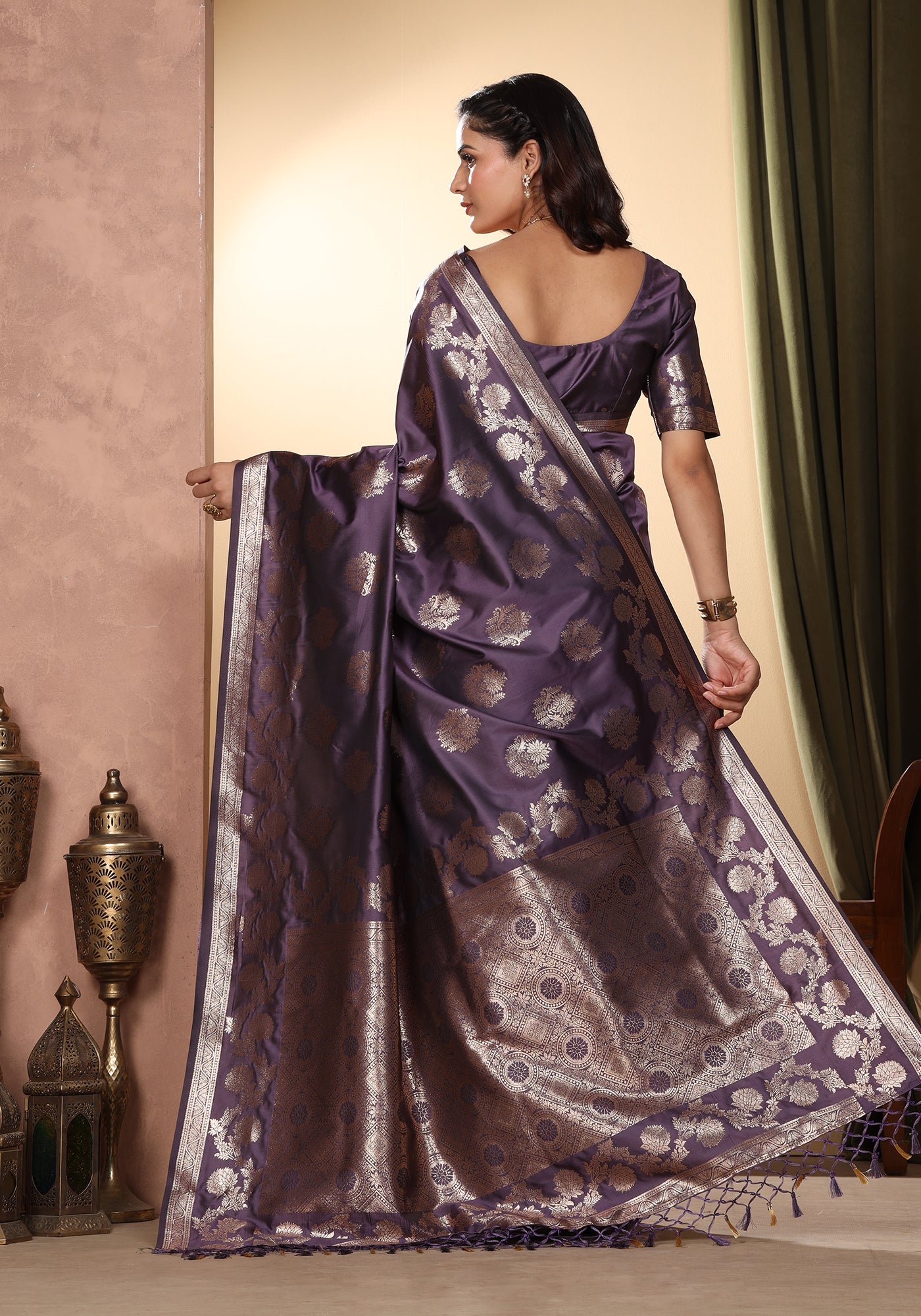 Satin Silk Saree Rich Purple Gold Woven Net