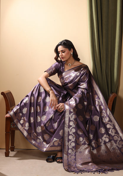 Satin Silk Saree Rich Purple Gold Woven Net