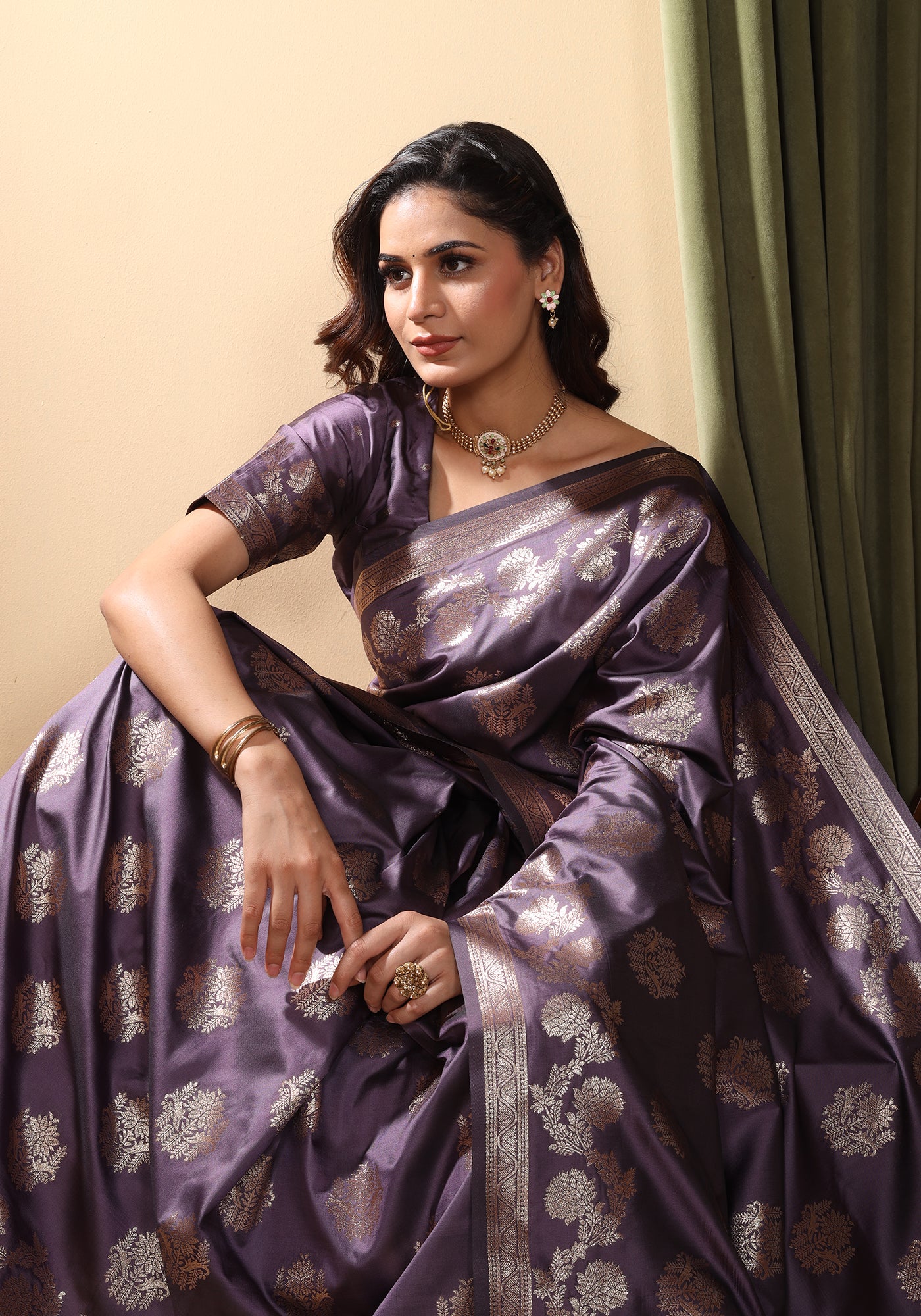 Satin Silk Saree Rich Purple Gold Woven Net