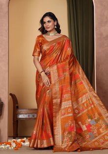 Dola Silk Saree Orange Golden Patchwork