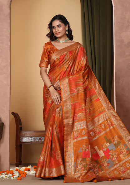Dola Silk Saree Orange Golden Patchwork