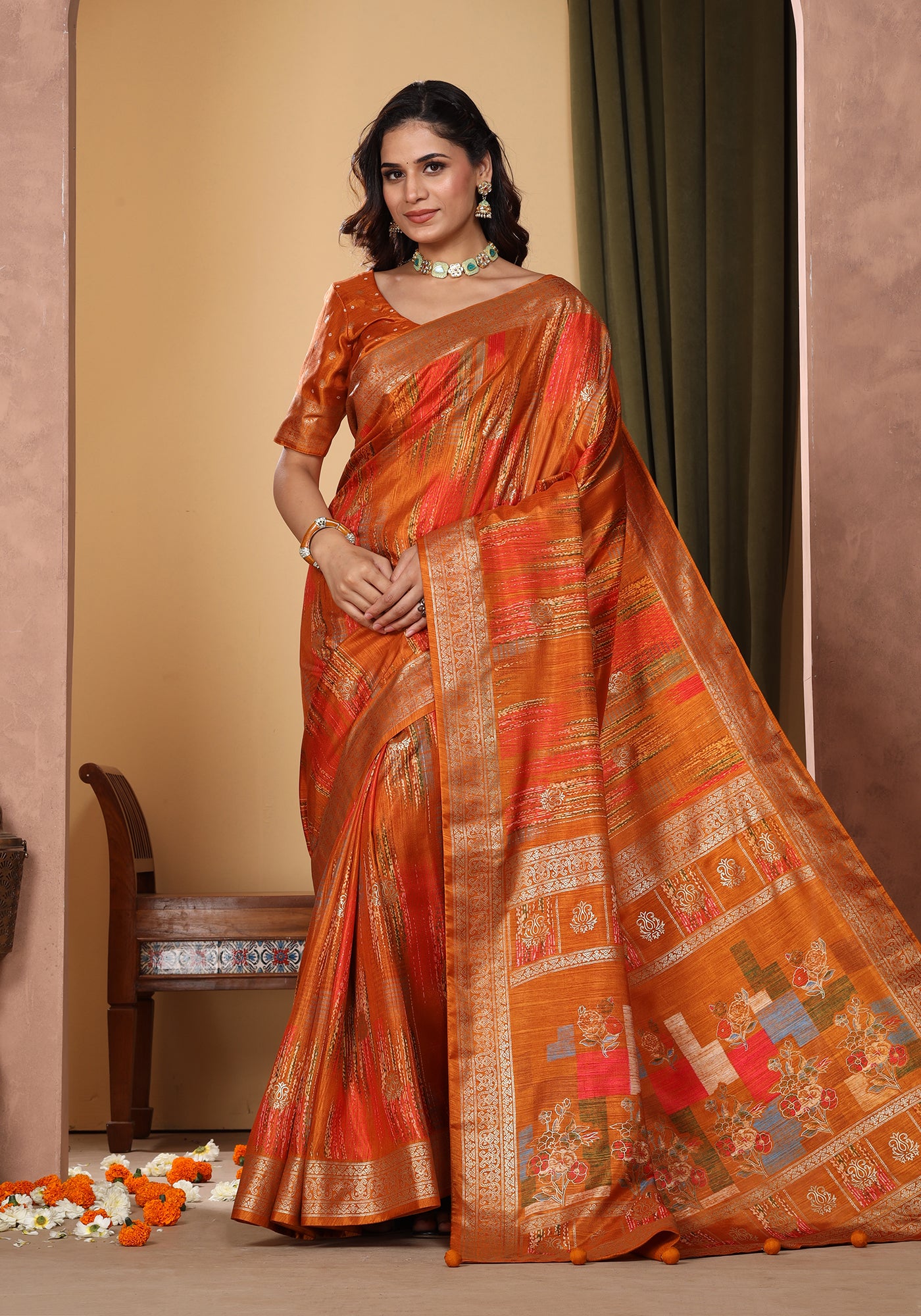 Dola Silk Saree Orange Golden Patchwork