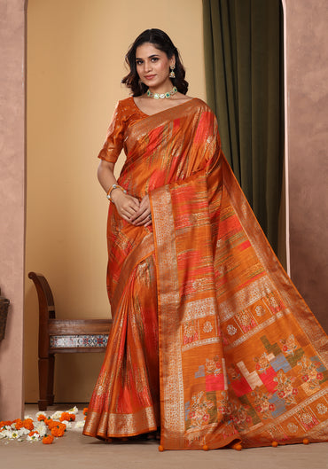 Dola Silk Saree Orange Golden Patchwork