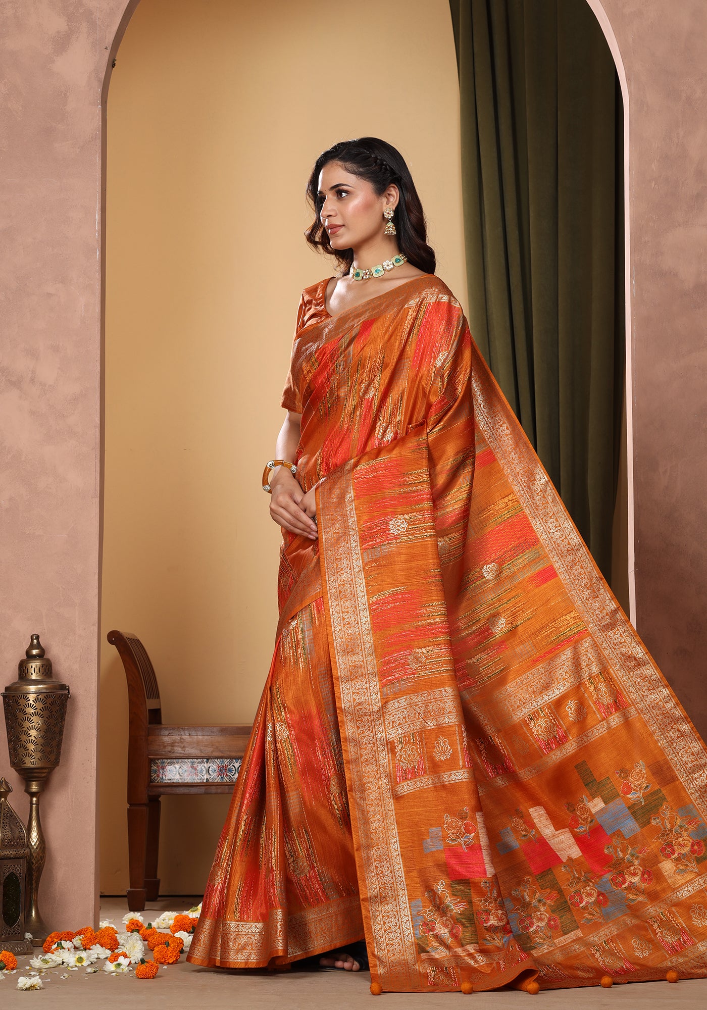 Dola Silk Saree Orange Golden Patchwork