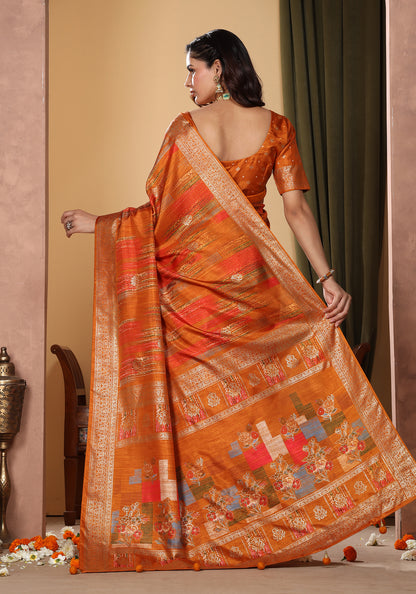 Dola Silk Saree Orange Golden Patchwork