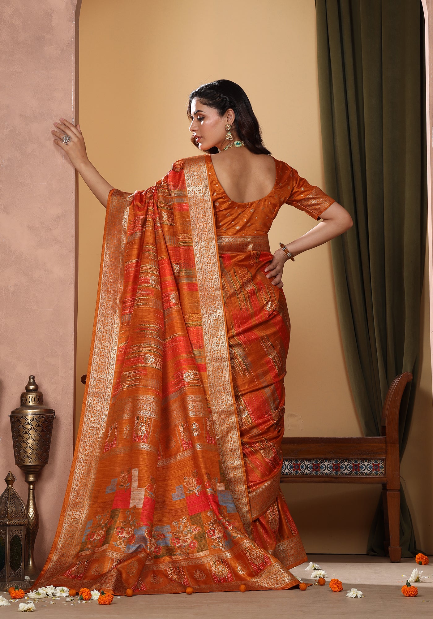 Dola Silk Saree Orange Golden Patchwork