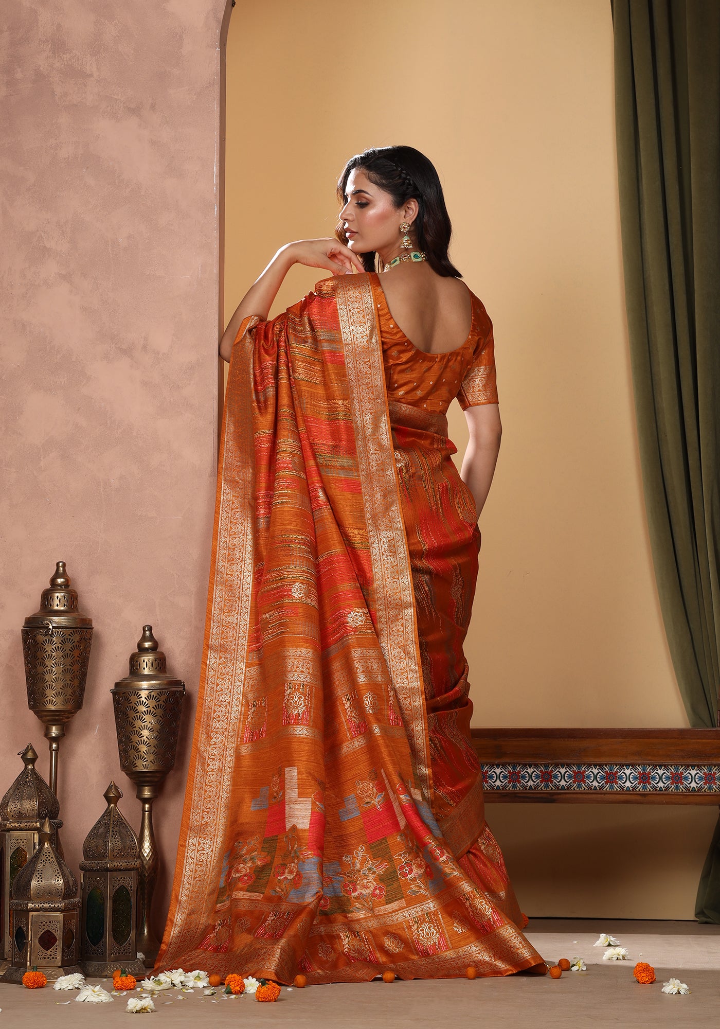 Dola Silk Saree Orange Golden Patchwork