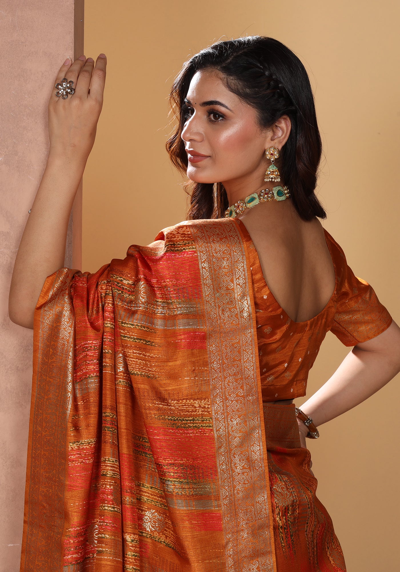 Dola Silk Saree Orange Golden Patchwork