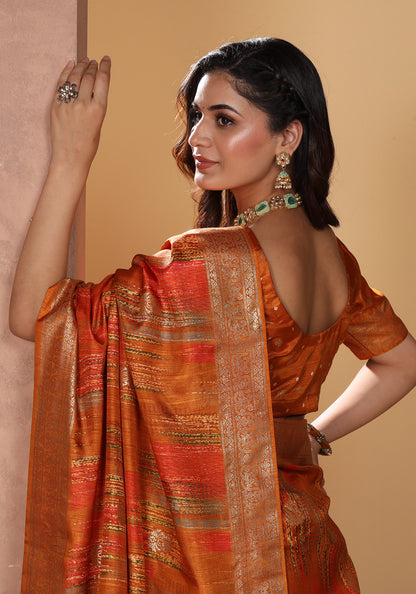 Dola Silk Saree Orange Golden Patchwork