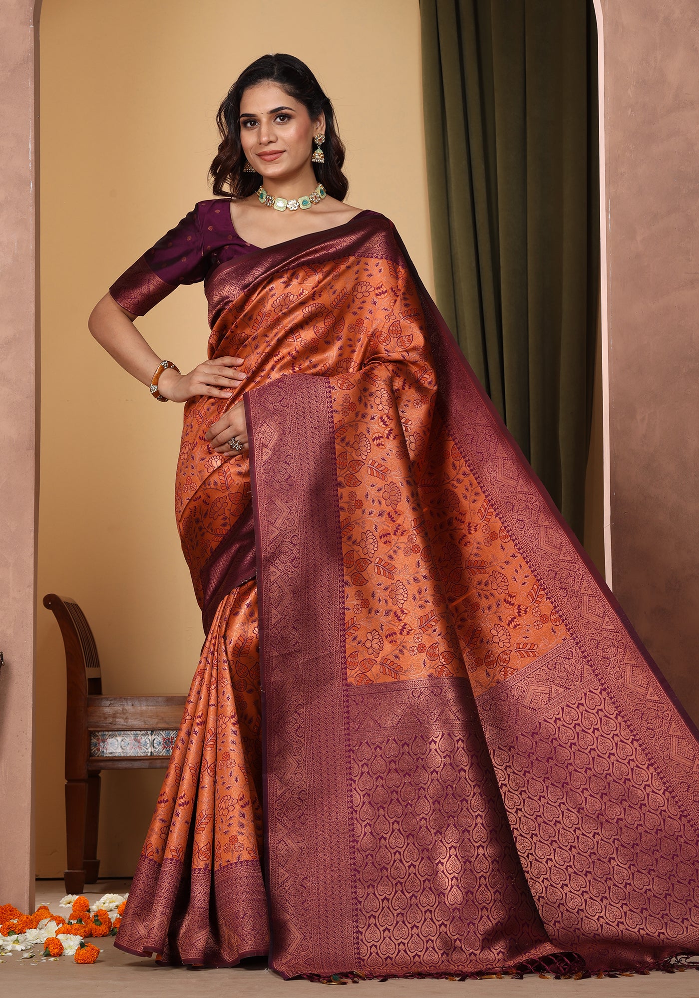 Art Silk Saree Mauve Dusty Rose Floral Jaal