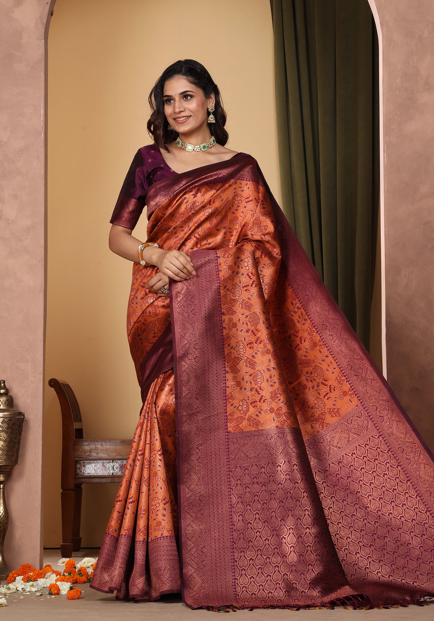 Art Silk Saree Mauve Dusty Rose Floral Jaal
