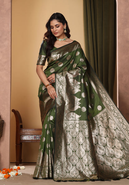 Satin Silk Pallu Saree Emerald Green Gold Buti