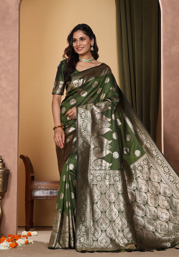 Satin Silk Pallu Saree Emerald Green Gold Buti
