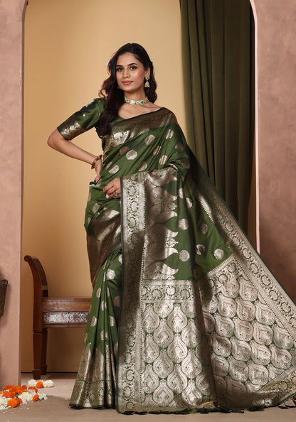 Satin Silk Pallu Saree Emerald Green Gold Buti