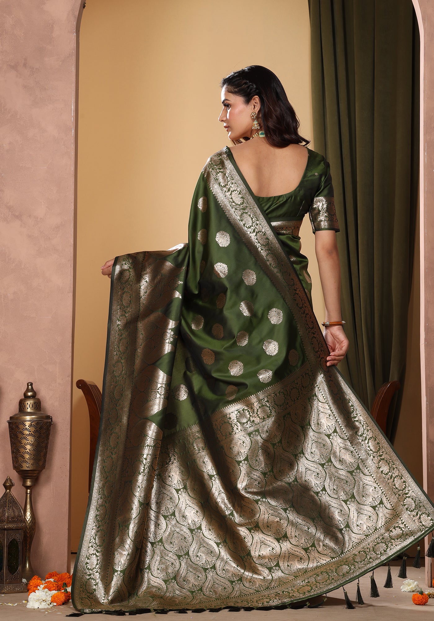 Satin Silk Pallu Saree Emerald Green Gold Buti