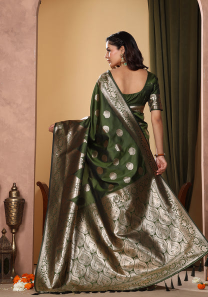 Satin Silk Pallu Saree Emerald Green Gold Buti