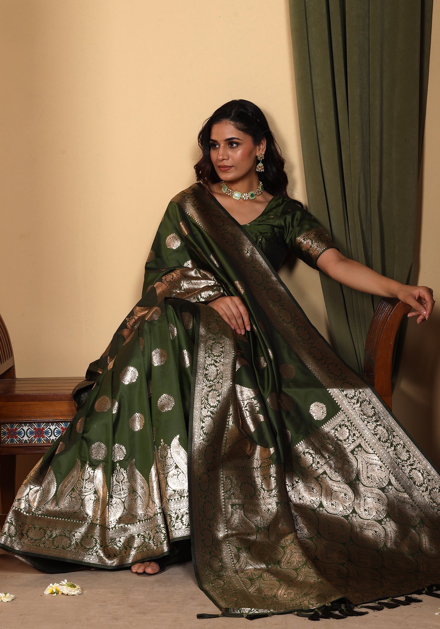 Satin Silk Pallu Saree Emerald Green Gold Buti