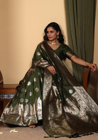 Satin Silk Pallu Saree Emerald Green Gold Buti