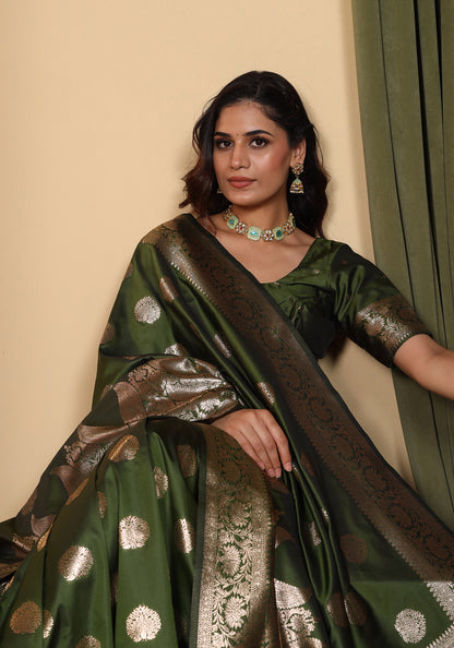 Satin Silk Pallu Saree Emerald Green Gold Buti