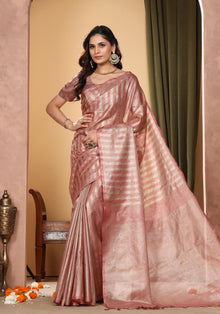 Bhagalpuri Tissue Silk Saree Striped Muted Rose Gold