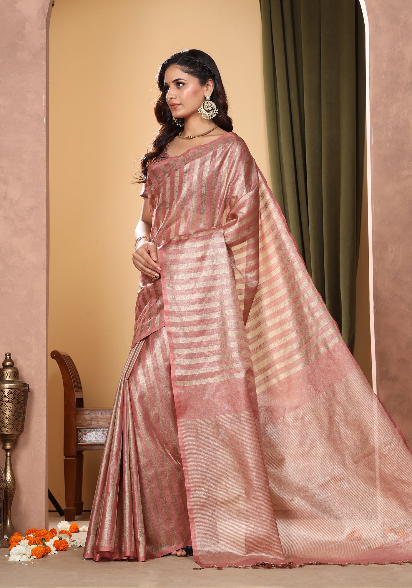 Bhagalpuri Tissue Silk Saree Striped Muted Rose Gold