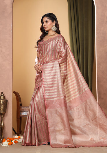 Bhagalpuri Tissue Silk Saree Striped Muted Rose Gold