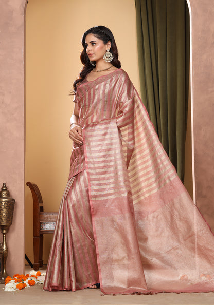 Bhagalpuri Tissue Silk Saree Striped Muted Rose Gold