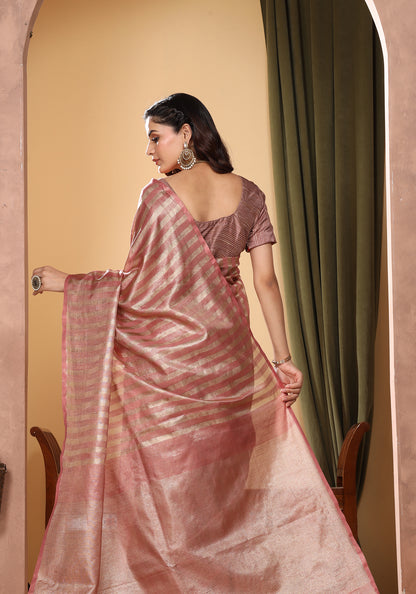 Bhagalpuri Tissue Silk Saree Striped Muted Rose Gold