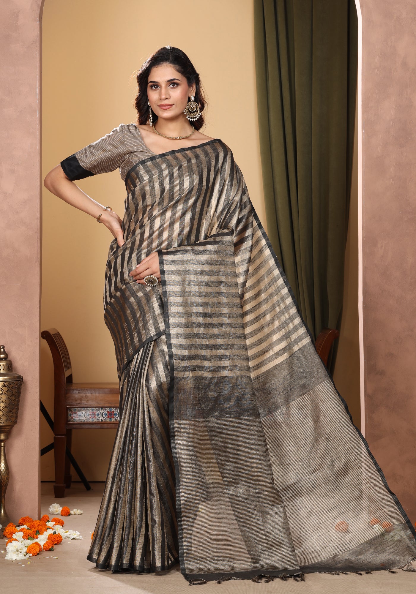 Bhagalpuri Tissue Silk Saree Striped Dark Charcoal Gold