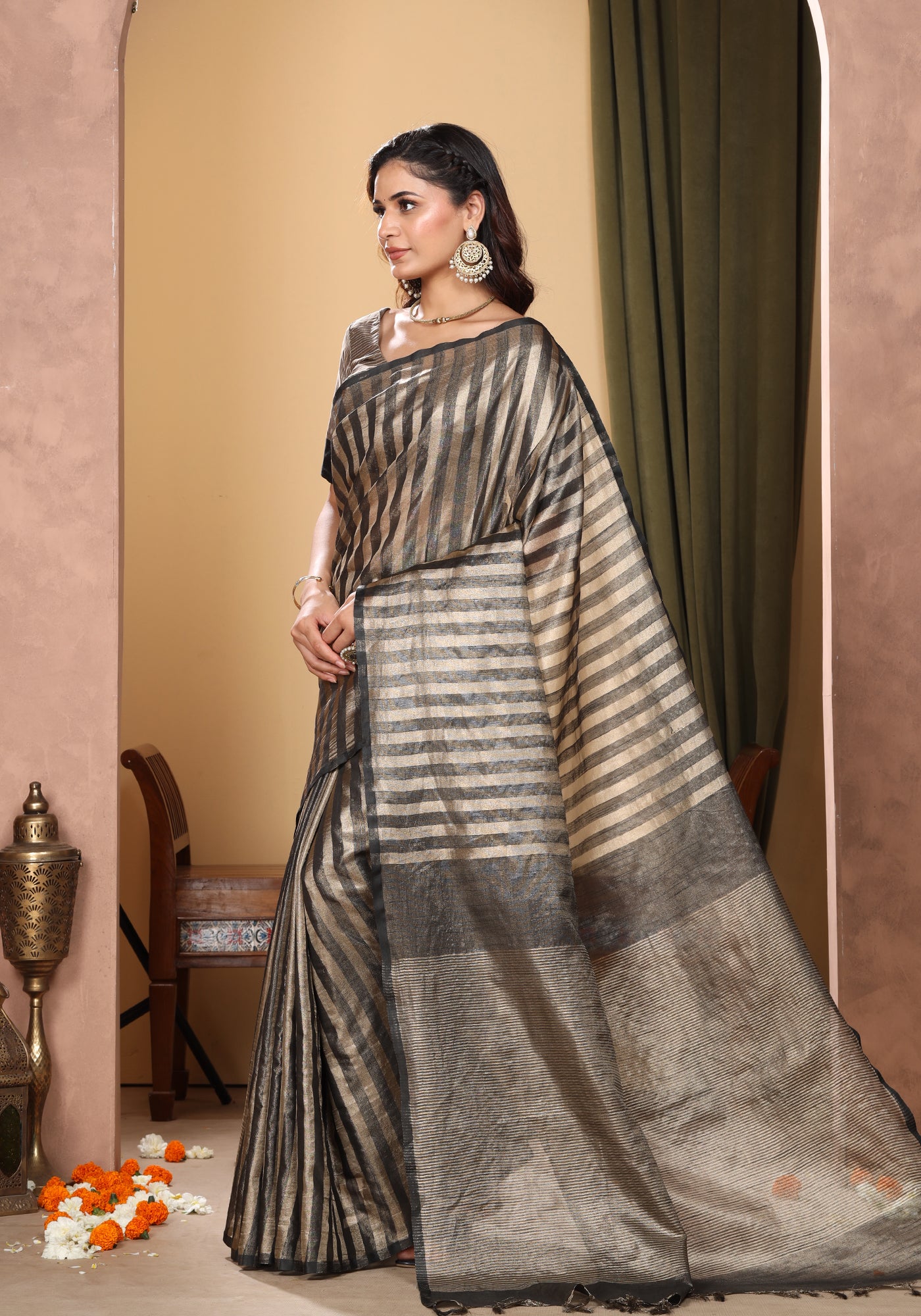 Bhagalpuri Tissue Silk Saree Striped Dark Charcoal Gold