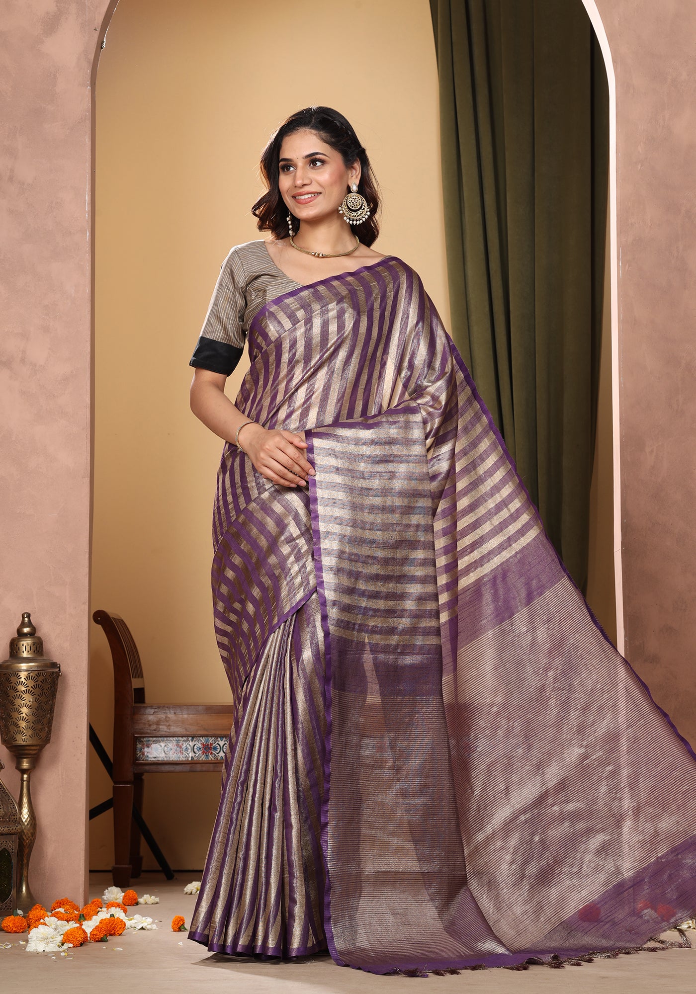 Bhagalpuri Tissue Silk Saree Striped Deep Purple Gold